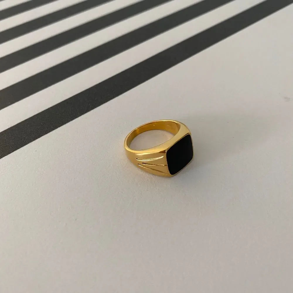 18K Gold Plated Statement Unisex Black Spinel Signet Ring